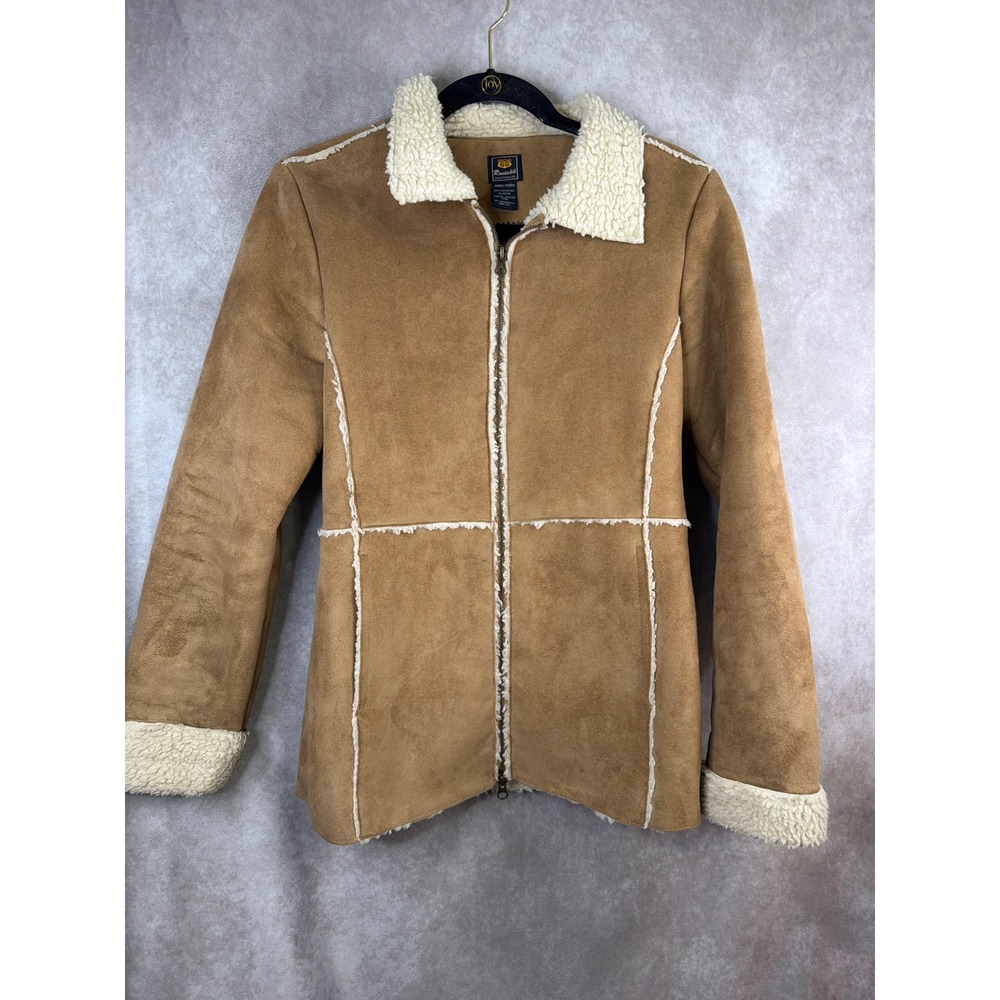 VTG Y2K Route 66 Jacket Womens S Tan Faux Suede Shearling Lined Full Zip Coat